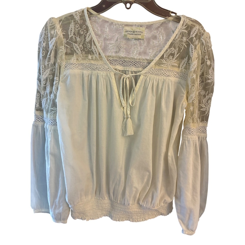 Denim & Supply Ralph Lauren Blouse Womens M Cream Good Lace Boho Tassel Peasant